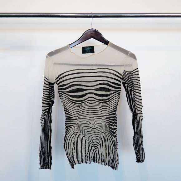 Jean Paul Gaultier Tops - Jean Paul Gaultier Black & Off-White Optical Contour Mesh Long-Sleeve Top